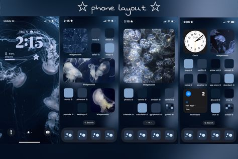 Phone Layout Ideas Dark Blue, Jellyfish Iphone Theme, Ocean Themed Iphone Layout, Jellyfish Phone Layout, Jellyfish Iphone Layout, Jellyfish Ios Layout, Jellyfish Layout, Jellyfish Themed Phone, Blue Ios Theme