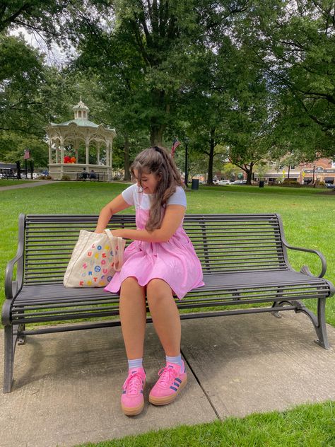 adidas gazelles | harry styles | pink adidas | sneakers | photo inspo | pink | platform sneakers | love on tour tote | tote bag | bench photo | outfit inspo | spring outfit | summer outfit | fall transition outfit Pink Platform Sneakers Outfit, Platform Adidas Outfit, Pink Adidas Gazelle Shoes Outfit, Adidas Gazelle Bold Pink Outfit, Pink Adidas Outfit, Adidas Pink Platform Sneakers For Streetwear, Pink Platform Sneakers, Adidas Platform Sneakers, Pink Platform Adidas Gazelle