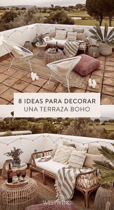 ¿Qué estilos dominarán en el diseño de interiores en 2023? Si eres de los que le gusta la decoración natural, el estilo de decoración boho va contigo, además es una tendencia para terrazas exteriores en 2023. Este estilo boho destaca por su calidez porque crea espacios muy acogedores. Si quieres conseguir un look estilo boho chic en tu terraza o jardín, en Westwing te damos 8 claves para decorar una terraza bohemia con nuestros consejos e ideas de interiorismo para exteriores. Ideas Para Decorar Terrazas, Potting Bench Ideas, Rooftop Patio Design, Sticks Furniture, Stile Boho Chic, Rooftop Patio, Diy Makeover, Interior Renovation, Style Deco