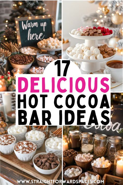 a mouth-watering hot cocoa bar with delicious toppings and creative recipes for your next party. Christmas Hot Beverage Bar, Hot Chocolate Bar For Birthday Party, Hot Cocoa Bar Snacks, Rustic Hot Chocolate Bar Ideas, Hot Chocolate Platter, Fancy Hot Chocolate Bar, Hot Chocolate Bar Wedding Reception, Hot Chocolate Bar Alcohol, Hot Cocoa Station Party