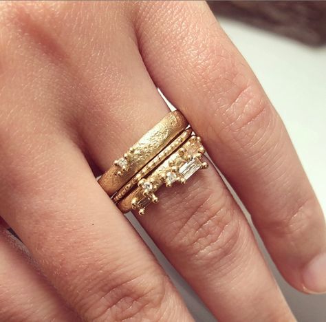 Ruth Tomlinson Fine Jewellery on Instagram: “An alternative wedding or ring stack with a variety of textures, widths and diamond arrangements. How would you make your perfect…” Celebrity Wedding Ring Stack, Yellow And White Gold Stacking Rings, Luxury 14k Gold Stackable Engraved Ring, Luxury Stackable 14k Gold Engraved Ring, Ruth Tomlinson Ring, Alternative Wedding, Your Perfect, Stacking Rings, Fine Jewelry