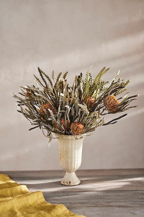 Dried Autumn Banksia Bunch Centerpiece Ideas For Dining Room Table, Boho Centerpiece, Dried Arrangements, Table Centerpiece Flower, Indoor Plants Styling, Summer Centerpieces, Dining Room Table Centerpieces, Color And Texture, Indoor Plant Care