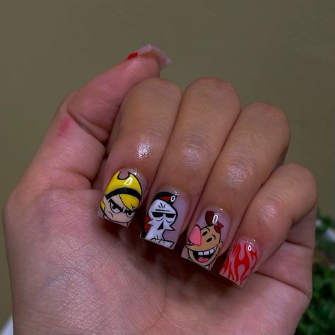 The Grim Adventures of Billy and Mandy Nail Art 😩❤️‍🔥 90s Cartoon Nail Art, Grim Adventures Of Billy And Mandy Nails, Beavis And Butthead Nails, Nail Art Designs Cartoon Characters, Cartoons Nails Art, Billy And Mandy Nails, Regular Show Nails, Cartoon Characters Nails, Short Character Nails