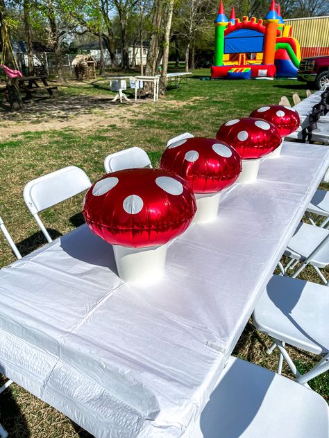 Mushroom Balloon Arch, Mushroom Balloon, Mario Ideas, Bucket Centerpiece, Mushroom Birthday, Princess Peach Party, Balloons White, Super Mario Bros Birthday Party, Super Mario Bros Party