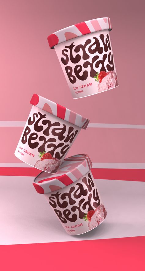 Strawberry Ice Cream Packaging, Strawberry Packaging Ideas, Ice Cream Packing Design, Ice Cream Product Design, Packaging Ice Cream Design, Fun Food Packaging, Ice Cream Packaging Design Creative, Ice Cream Package Design, Milkshake Branding