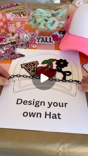 Amanda Albrecht your Real Estate Bestiee on Instagram: "DIY hat Bar party! This is a fun activity for girls night or a Birthday party and easy to set up!  On a table set out an assortment of hats, they come in many fun colors. On another table set out an assortment of iron on patches. The options are endless and the more you have the more unique the hats will be.   I also included hat jewelry these come in many styles, shapes and colors and really make the hats special. It’s easier to design on a flat surface so I included print outs of hats for guests to design on!   Once everyone has their hat designed how they want them, you use a mini heat press or hat press to iron on the patches.   It’s fun to see everyone’s personality shine through their hat and it doubles as a take home party favo Hat Bar Birthday Party, Patch Bar Party, Hat Patch Bar, Hat Press Ideas, Hat Decorating Party, Diy Hat Bar Party, Hat Party Ideas Ladies, Hat Bar Party, Patch Party Birthday