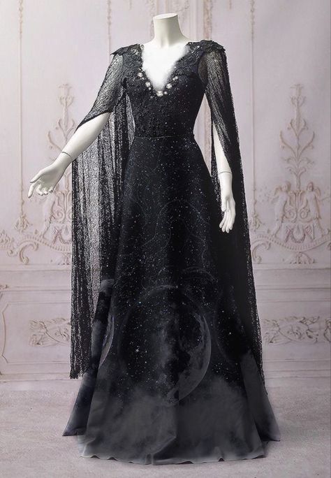 Goth Wedding Dresses Fairy, Game Of Thrones Black Dress, Witch Gown Fantasy Dress, Black Elf Dress, Dark Fantasy Dress Aesthetic, Black Villain Dress, Black Elven Dress, Witch Ball Gown, Goth Fantasy Dress