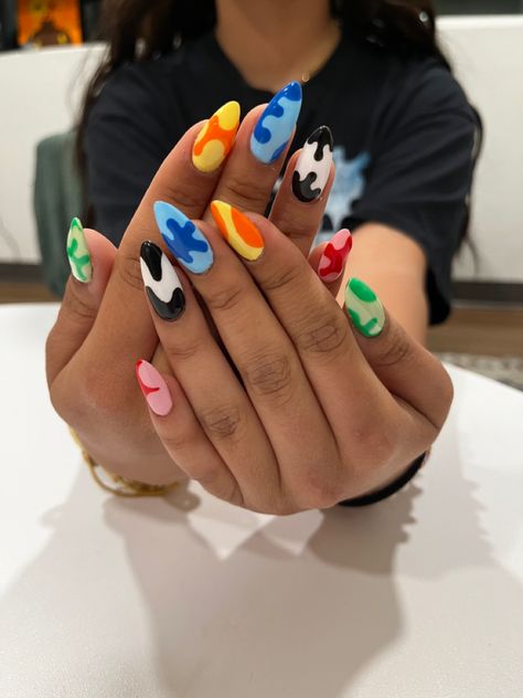 Different Pattern Nails On Each Finger, Cool Art Nails, Funky Abstract Nails, Almond Nails Fun Designs, Acrylic Nails With Different Designs On Each Nail, Mismatched Acrylic Nails, Spunky Nail Designs, Funky Nail Ideas Almond, Simple But Colorful Nails