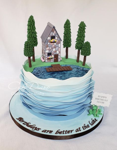 Lake House cake by Diane House Birthday Party Ideas, Lake Birthday Party, Lake Cake, House Birthday Party, Lake Birthday, Boat Cake, House Trees, Lake Party, Single Tier Cake