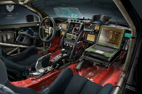 Elysium car interior Cyberpunk Car, Tactical Truck, Custom Car Interior, Bug Out Vehicle, Truck Interior, Concept Car Design, Expedition Vehicle, Car Mods, Futuristic Cars