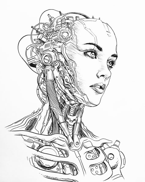 Cyberpunk Drawing, Cyberpunk Tattoo, Robot Sketch, Cyborgs Art, Arte Grunge, Person Drawing, Arte Robot, Black And White Sketches, Tattoo Design Book