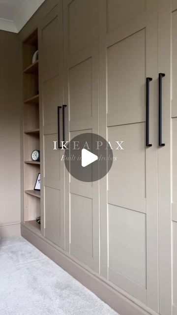 Wall To Wall Built Ins, Ikea Closet Wall, Ikea Closet System With Doors, Ikea Flisberget Light Beige, Pax Beige Wardrobe, Ikea Hack Wardrobe Built Ins, Ikea Wall Closet Ideas, Ikea Bedroom Built In, Beige Pax Wardrobe