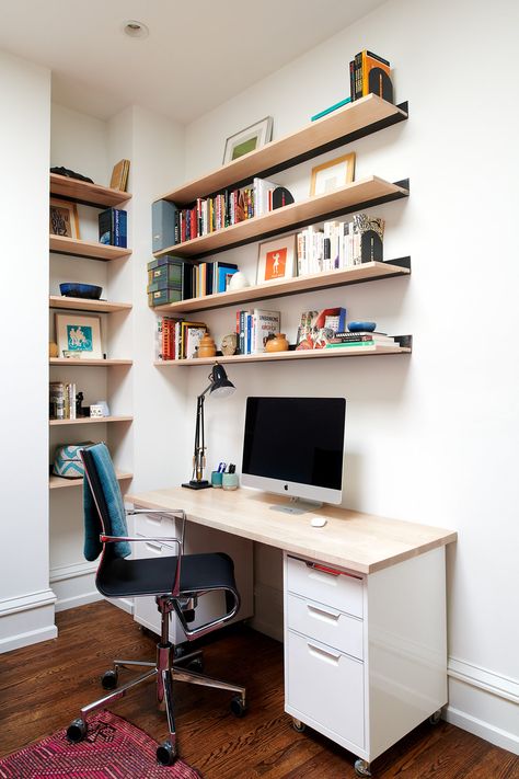 Floating shelves above desk in office by Michelle Gage Floating Shelves Above Desk, Shelves Above Desk, Above Desk, Farmhouse Wall Sconces, Home Office Shelves, Wallpaper Shelves, Bookshelf Desk, Modern Wall Sconces, Upper East Side