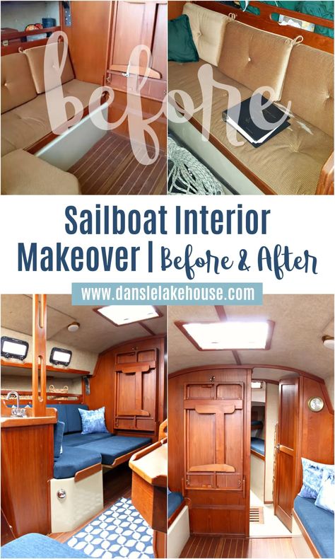 Ahoy! Tour Our Updated Ticon 30 Sailboat Interior. Check out this sailboat interior makeover with before & after photos and get sailboat decorating ideas. New sailboat upholstery, freshly oiled teak, DIY ice dyed pillows, and a few accessories updated this vintage sailboat! See more of this Ticon interior on the blog, if you love the sailboat aesthetic and sailboat living. Easy sailboat interior ideas cabin, sailboat interior decorating ideas, sailboat interior DIY. Beneteau Sailboat Interior, Sailboat Head Ideas, Sailboat Cabin Makeover, Sailboat Interior Decor, Inside Boat Cabin Ideas, V Berth Decor Boat Interior, Sailboat Bathroom Ideas, Houseboat Decorating Ideas Boat Interior, Boat Makeover Interior