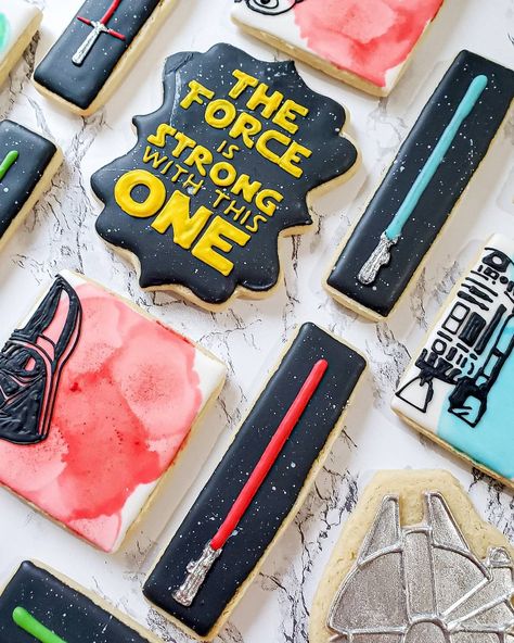 Decorated sugar cookies. Star Wars. Birthday. First Birthday. Star Wars Theme Birthday, Star Wars Themed Birthday Party, Star Wars Cookies, Star Wars Baby Shower, Star Wars Theme Party, Boys First Birthday Party Ideas, Boys 1st Birthday Party Ideas, Baby Boy 1st Birthday Party, Star Wars Cake