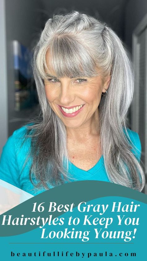 Gray Hair Hairstyles, Hairstyles For Gray Hair, Growing Out Gray Hair, Long Hair Older Women, Make Your Hair Grow Faster, Grey Hair With Bangs, Over 40 Hairstyles, Grey Hair Over 50, Grey Curly Hair