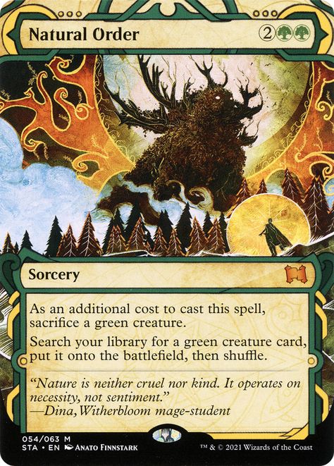 Set: Strixhaven: School of Mages Mystical Archive Type: Sorcery Rarity: Mythic Cost: {2}{G}{G} As an additional cost to cast this spell, sacrifice a green creature.Search your library for a green creature card, put it onto the battlefield, then shuffle. "Nature is neither cruel nor kind. It operates on necessity, not sentiment." —Dina, Witherbloom mage-student Tarot Design, Dragon Shield, Elf Druid, Tcg Cards, Mtg Cards, Mtg Art, Forgotten Realms, Magic The Gathering Cards, Magic Cards