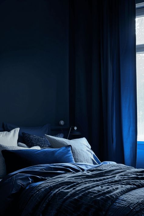 29 Moody Bedroom Ideas 2 Moody Blue Bedroom, Midnight Blue Bedroom, Blue Bedroom Design Ideas, Rich Bedroom, Black Leather Furniture, Blue Velvet Headboard, Light And Airy Bedroom, Moody Bedroom Ideas, Elegant Bedroom Design