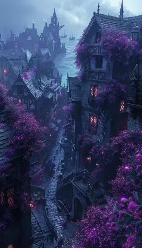 ↑↑↑ Larger size on website 🔸 A picturesque medieval city bathed in a soft purple glow. The cobblestone streets wind their way thr 🔸 From Midjourney AI Image Steampunk City, Fae Folk, Abandoned City, Purple Gothic, Gothic Castle, Medieval City, Cobblestone Streets, Fantasy Story, Fantasy Setting