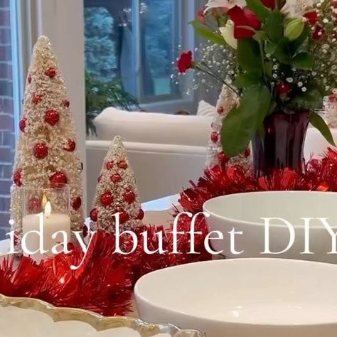 1800Flowers on Instagram: "Who’s hosting this Christmas? 💐 Make your holiday season a breeze with this DIY buffet station. #diybuffet #christmasdinnerparty #christmastablesetting #diychristmas #christmasbuffet" Christmas Party Tablescapes Buffet Tables, Setting Up A Buffet Table At Home, Christmas Food Set Up, Christmas Buffet Ideas Table Decorations, Buffet Christmas Decor, Christmas Buffet Decor, Christmas Buffet Tablescapes, Christmas Buffet Table Decor, Diy Buffet Table