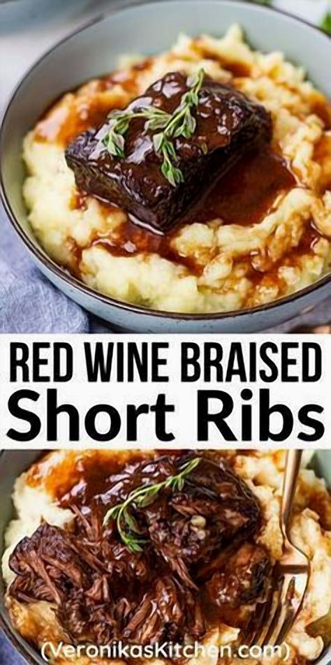 Indulge in the rich, savory flavors of these slow-cooked short ribs, perfectly braised in red wine for a melt-in-your-mouth experience. This Dutch oven recipe transforms simple ingredients into a gourmet delight, ideal for cozy dinners or special occasions. Let the aromatic blend of herbs and spices fill your kitchen as the tender meat simmers to perfection. Perfect for impressing guests or treating yourself to a comforting meal, this dish promises to be a favorite in your recipe collection. Short Ribs In Dutch Oven, Ribs In Dutch Oven, Slow Cook Short Ribs, Dutch Oven Ribs, Red Wine Braised Short Ribs, Wine Braised Short Ribs, Braised Short Ribs Recipe, Ground Beef Recipes Mexican, Beef Short Rib Recipes