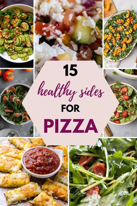 Complete your pizza night with some amazing sides! You're sure to find some new favorites in this list of 15 healthy sides for pizza. Now a pizza packs a lot of carbs & fat - so when I think pizza sides, I think light, green and healthy. Lots of salads - from green versions to fruity and extra cheesy versions - and a few extra veggie loaded options, or how about some cheesy cauliflower breadsticks? Make your pizza party complete with one of these amazing options! Sides For Pizza, Pizza Side Dishes, Pizza Sides, Cauliflower Breadsticks, Party Side Dishes, Grilled Peach Salad, Pizza Lunch, Pizza Dinner, Salads To Go