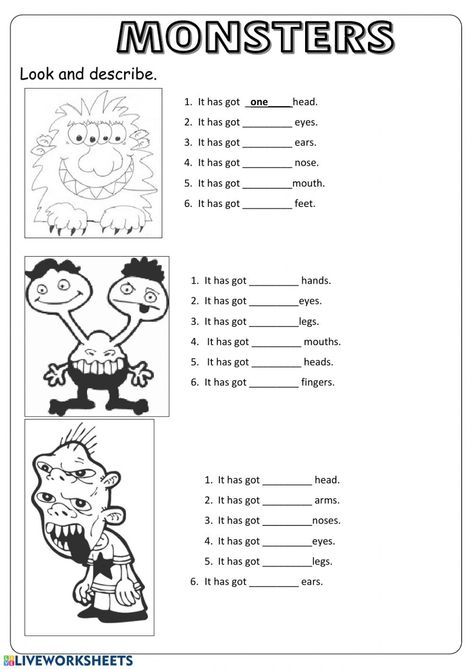 Monster body parts - Interactive worksheet Worksheets For Kids English, Body Parts Worksheet, Body Parts In Spanish, Body Parts For Kids, Teach English To Kids, Body Parts Preschool, Primary English, Spanish Worksheets, English Grammar Worksheets