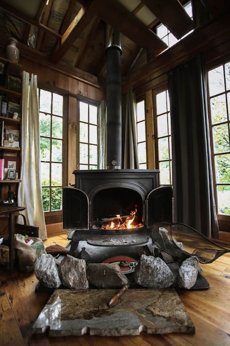 A classic Vermont Castings Wood stove to keep you warm and cozy Vermont Castings Wood Stove, Vermont Castings, Hearth And Home, Private Room, Window Wall, Guest Suite, Wood Stove, 2 Beds, Vermont