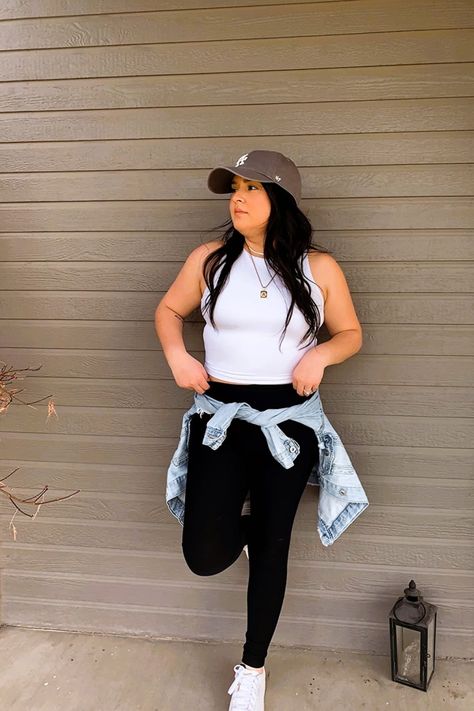 Curvy woman in black leggings and a white tank top with a jean jacket wrapped around her waist Outfit With Black Leggings, Athleisure Outfit Ideas, Athleisure Outfits Spring, Spring Athleisure, Style Athleisure, Athleisure Outfit, Black Leggings Outfit, Current Styles, Athleisure Outfits