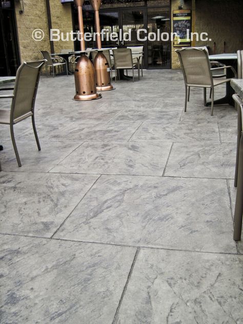 Butterfield Color Stamped Concrete, Modern Stamped Concrete Patio Ideas, Concrete Colors Outdoor, Stamped Concrete Around Pool, Slate Stamped Concrete Patio, Concrete Stamp Patterns, Slate Stamped Concrete, Colored Concrete Patio, Stamped Concrete Patio Ideas