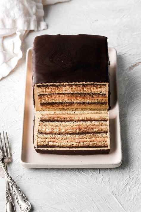 French Opera Cake Recipe (double layers) Opera Cake Photography, Opera Torte, French Opera Cake, Opera Cake Recipe, Almond Sponge Cake, European Pastries, French Buttercream, Healthy Cakes, Opera Cake