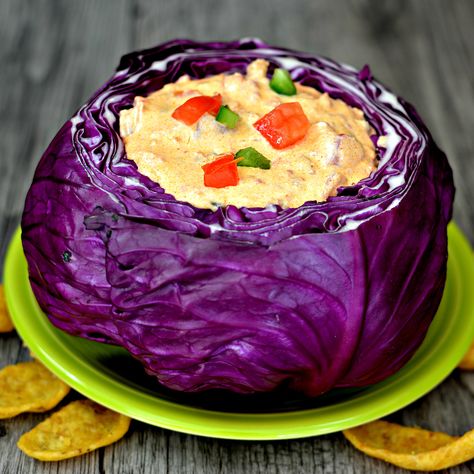 Edible Red Cabbage Bowl #allrecipesallstars #myallrecipes #allrecipesfaceless #cabbage #cabbagebowl @allrecipes #slaw #superbowl #superbowlappetizer #ediblebowl #dip Purple Cabbage Bowl, Cabbage Dip Bowl, Purple Party Foods, Purple Cabbage Recipes, Cabbage Bowl, Edible Bowl, Cabbage Head, Vegetable Dip, Top Secret Recipes