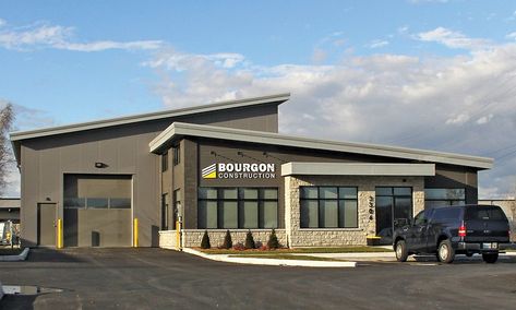 Bourgon Construction Office & Warehouse | American Buildings Barndominium Office Building, Commercial Metal Building Designs, Metal Office Building, Modern Warehouse Design Exterior, Warehouse Design Exterior, Modern Warehouse Design, Warehouses Exterior, Industrial Building Design, Warehouse Exterior Design