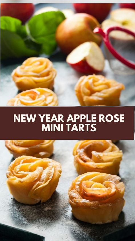 New Year Apple Rose Mini Tarts recipe made of fresh apples, pastry dough, and cinnamon serves 12 and takes about 45 minutes to prepare perfect for festive gatherings! Mini Apple Rose Tarts, Mini Apple Pie Roses, Apple Tart Mini, Apple Mini Tarts, Individual Apple Tarts, Mini Apple Desserts, Apple Tartlets Recipe, Mini Tarts Recipe, Rose Apple Tart