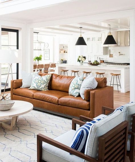 bright and airy family room with cognac leather couch Lots Of Windows, Leather Couch, Room Remodeling, A Living Room, Couches Living Room, Lounge Room, Farmhouse Living, Living Room Inspiration, Home Fashion