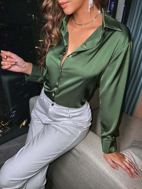 Army Green Elegant  Long Sleeve Satin Plain Shirt Embellished Non-Stretch Spring/Fall Women Tops, Blouses & Tee Satin Shirt Outfit, Satijnen Blouses, Keto Bodybuilding, Satin Clothes, Satin Shirts, Satin Button Up, Satin Bluse, Business Formal Dress, Silk Blouses