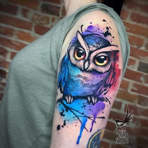 Watercolor Owl Tattoos, Colorful Owl Tattoo, Owl Tattoo Drawings, Cute Owl Tattoo, Model Tattoo, Owl Tattoo Design, Watercolor Tattoos, Tatuaje A Color, Owl Tattoo