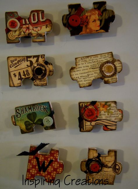 Turn puzzle pieces into cool magnets. This is great for when you have missing pieces and can't use a puzzle anymore. Puzzle Piece Art, Puzzle Piece Crafts, Mod Podge Projects, Puzzle Crafts, Puzzle Art, Cool Ideas, Scrapbook Embellishments, Recycled Crafts, Crafty Craft