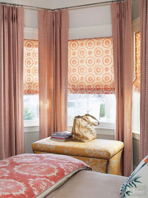 Give window treatments a good shake to remove dust, and let them bask in the sun to expel stale odors. #summercleaning #cleaningtips #bedroomcleaning #bhg Bow Window Treatments, Bay Window Treatments, Bay Window Curtains, Window Designs, Diy Window Treatments, Bedroom Blinds, Window Treatments Bedroom, Bow Window, Pink Curtains