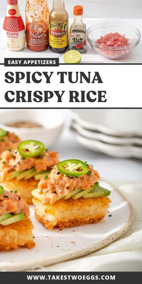 Spicy Tuna And Crispy Rice, Spicy Tuna Rice Cake, Crisp Rice Sushi, Spicy Tuna Sticky Rice, Ahi Tuna Meal Ideas, Muffin Sushi Bake, Garnishes For Food Easy, Ahi Tuna Crispy Rice, Spicy Tuna Appetizer