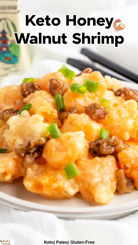 A plate of honey walnut shrimp with chopped green onions. Honey Nut Shrimp, Keto Honey Walnut Shrimp, Sweet As Honey Keto Recipes, Low Carb Chinese Recipes, Keto Chinese Recipes, Keto Fried Shrimp, Keto Asian Recipes, Keto Coconut Shrimp, Keto Honey