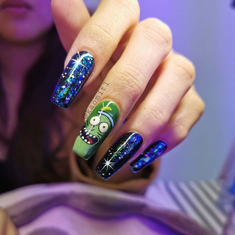 Rick And Morty Acrylic Nails, Pickle Rick Nails, Rick And Morty Nails Acrylic, Nails Acrylic Easy, Rick And Morty Nails, Pickle Rick, Drip Nails, Rick Y Morty, Nail Idea