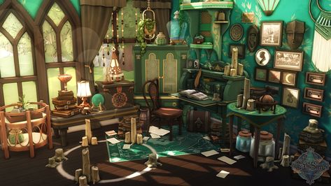 Sims 4 Cc Witch Wallpaper, Sims 4 Witch House, Witch Apartment, Witch House Interior, Witch Hut, Witchy House, Witchy Room, Witch Room, Sims 4 House Building