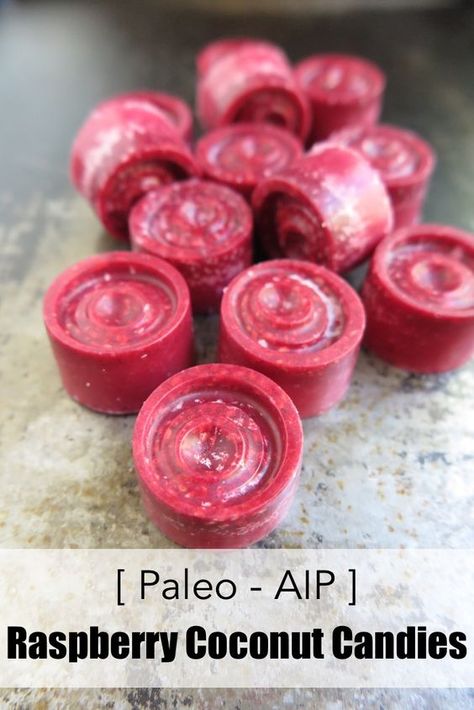 Raspberry Coconut Candies (Paleo - AIP) Paleo Candy, Aip Snack, Aip Snacks, Paleo Autoimmune Protocol, Autoimmune Paleo Recipes, Aip Desserts, Grain Free Desserts, Coconut Candy, Raspberry Coconut