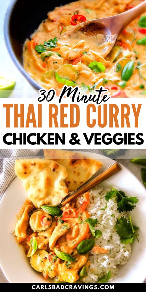 Try this 30-minute Thai Red Curry Chicken with Vegetables for a delicious, creamy, and flavorful meal that's super easy to make in just one pot. It's become a new favorite at our house and beats restaurant versions! If you love Thai food, you won't be disappointed by this comforting and aromatic dish that's perfect for any day of the week. Get all the ingredients at your local grocery store and give it a try! Thai Red Curry Chicken Crockpot, Thai Chicken And Vegetables, Thai Red Curry Stir Fry, Red Thai Chicken Curry Coconut Milk, Chicken Red Curry Coconut Milk, Instant Pot Red Curry Chicken, Curry Chicken With Vegetables, Thai Chicken Casserole, Thai Red Curry Chicken And Vegetables