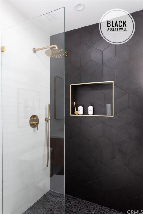 Sparkly Shower Tile, Black Master Shower Tile, Rustic Shower Floor Ideas, Dark Tile Master Shower Ideas, Black Shower Master Bath, Master Shower Dark Tile, Dark Master Shower Ideas, Dark Master Bath Modern, Jack And Jill Bathroom Mirror Ideas