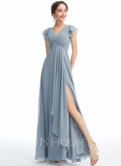 A-Line V-neck Floor-Length Bridesmaid Dress With Ruffle Split Front (007254655) - JJ's House Jjshouse Bridesmaid Dresses, Dusty Blue Bridesmaid Dresses With Sleeves, Modest Dusty Blue Bridesmaid Dresses, Blue Bridesmaid Dresses Sleeves, Cap Sleeve Bridesmaid Dress, Short Sleeve Bridesmaid Dress, Princess Bridesmaid Dress, Bridesmaid Dresses With Sleeves, Dusty Blue Bridesmaid Dresses