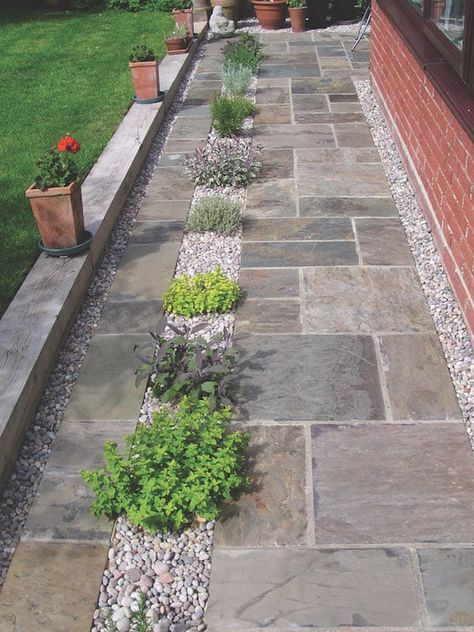 Decking Or Paving, Paving Front Of House, Paving Stone Patio Diy, Cottage Paving Ideas, Patio Paving Stones, Garden Paving Slabs Patio Ideas, Patio Paving Ideas Inspiration, Front Paving Ideas, Garden Patio Design Ideas