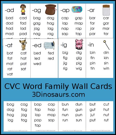 FREE CVC Word Family Wall Cards: -ad, -ag, -am, -an, -ap, -ar, at, -ed, -en, -et, -ig, -in, -ip, -it, -og, -op, -ot, -ow, -ox, -ug, -un, & -ut - 3Dinosaurs.com Word Families Printables, Word Family List, Kindergarten Word Families, Word Family Activities, Cvc Words Worksheets, 3 Letter Words, Cvc Words Kindergarten, 3 Dinosaurs, Word Family Worksheets