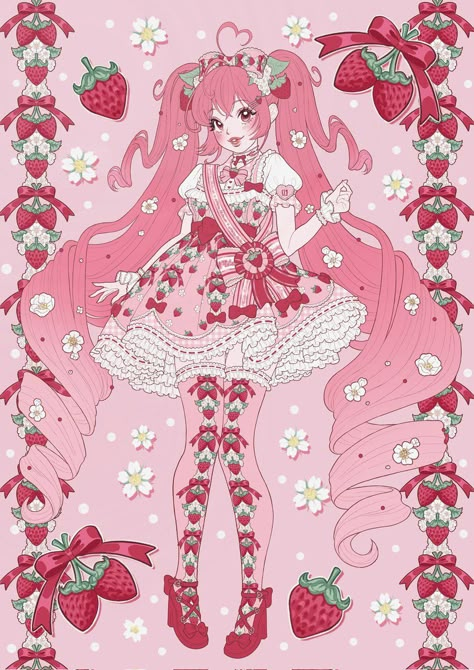 Sakura Miku, Strawberry Art, Adopt Idea, Sweet Lolita, Kawaii Art, Art Inspiration Drawing, Strawberry Shortcake, Lolita Fashion, Magical Girl